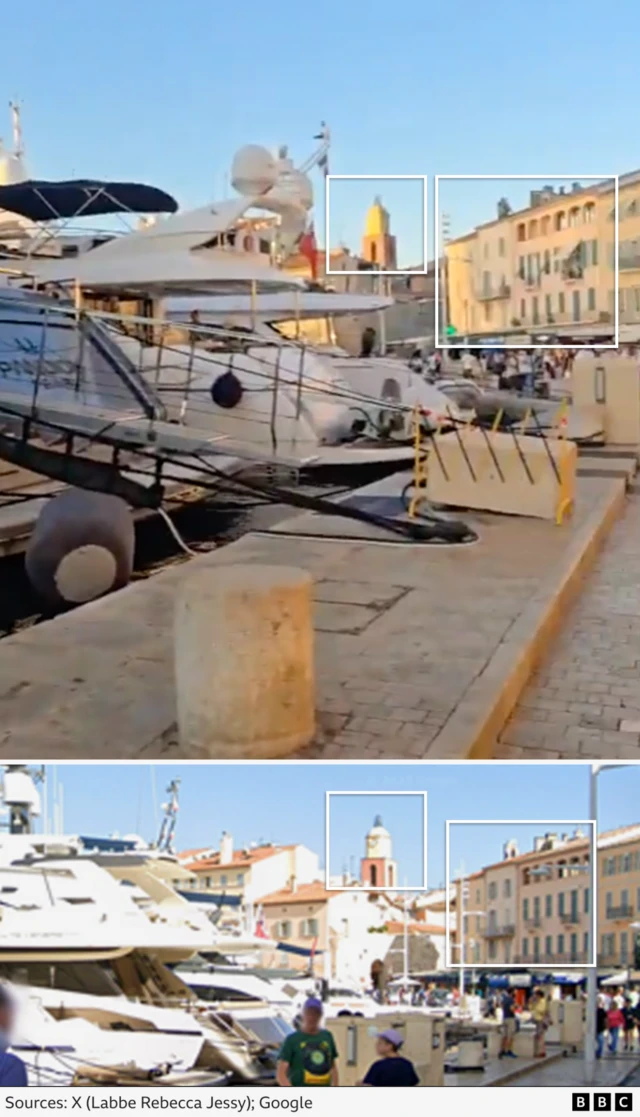 Graphic showing how we located a frame from the X video (top) with buildings on Google Street View (bottom)