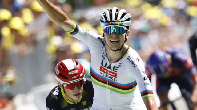 Tadej Pogacar celebrates winning stage seven of the 2025 Tour de France