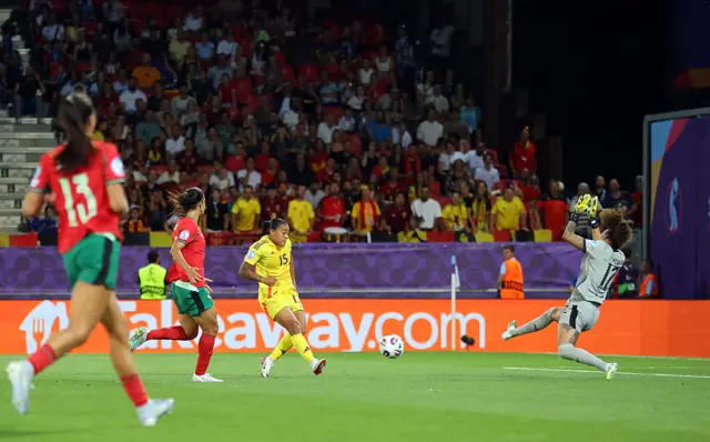 Mariam Toloba of Belgium scores a goal past Patricia Morais