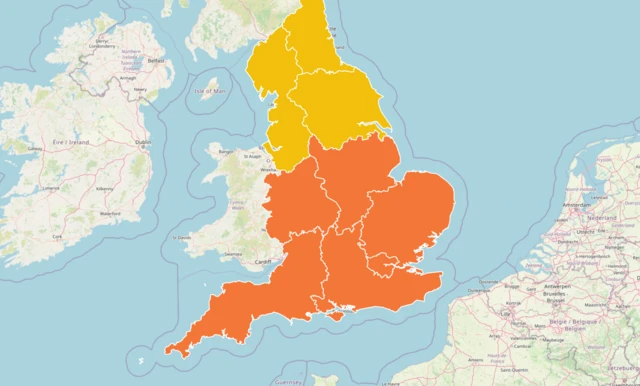 A map showing amber heat alert warnings covering the midlands, London and southern England. Northern England remains covered in a yellow heat alert warning
