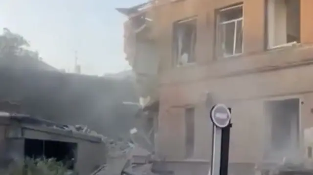 A screengrab from a verified video showing damage at the maternity hospital in Kharkiv