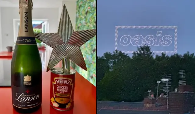 A bottle of champagne, a tin of soup and a silver star next to with a shot of the Oasis sign at Heaton Park from over nearby roof topsy rooftop