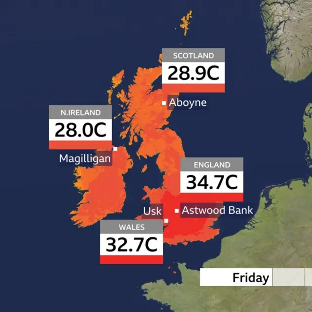 Map showing the peak temperatures across the UK on Friday