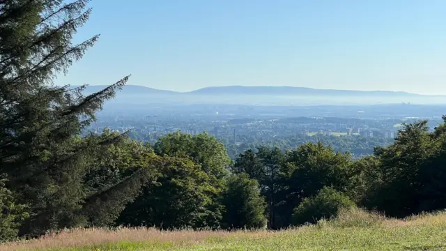 a photo shows treetops and the city of renfrew below from the top of a hill.
