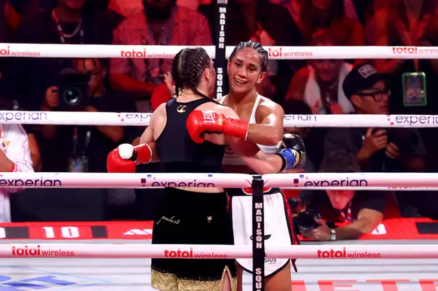 Amanda Serrano and Katie Taylor embrace after their fight