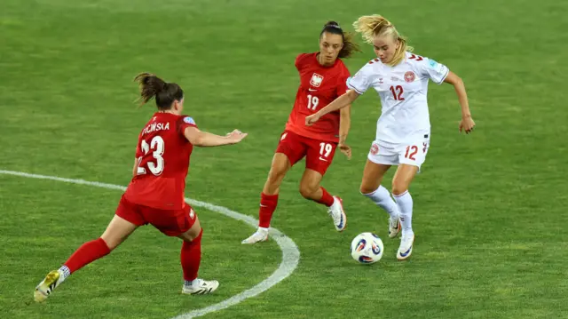 Poland's Natalia Padilla and Poland's Adriana Achcinska in action with Denmark's Kathrine Moller Kuhl