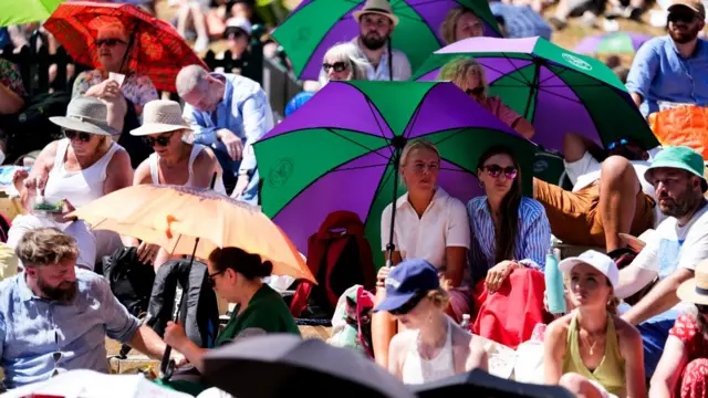 A crowd of people sitting down under differently coloured umbrellas