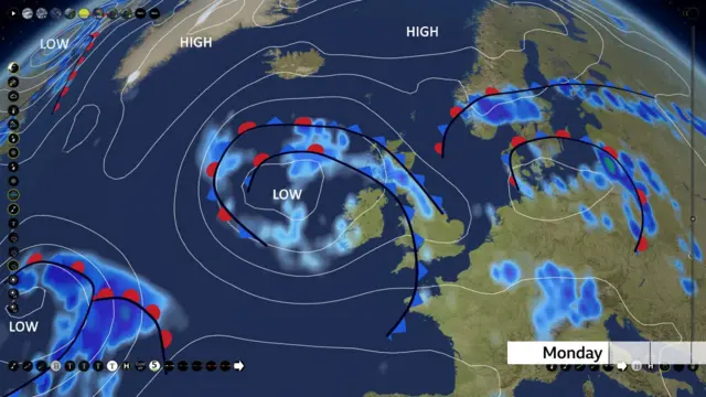 A weather forecast graphic showing a map of the UK and low pressure.