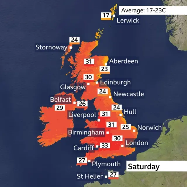 A map showing Saturday's top forecast temperatures