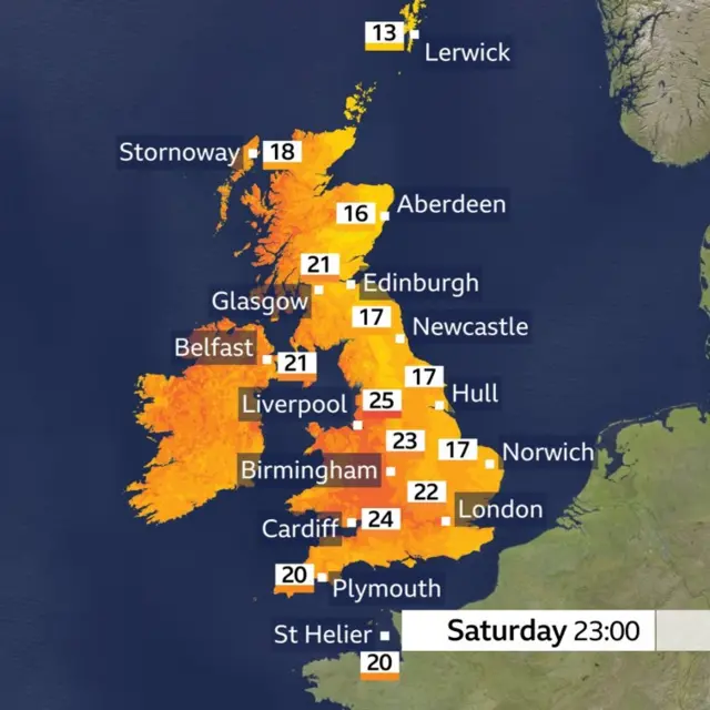 A weather graphic showing the temperatures across the UK on Saturday 12 July at 23:00 BST. Temperatures range from 22C in London, 25C in Liverpool, 21C in Glasgow and 21C in Belfast.