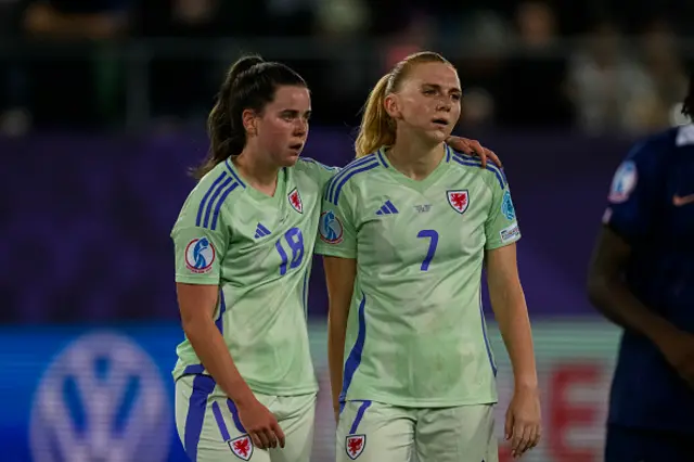 Esther Morgan (L) and Ceri Holland of Wales look dejected