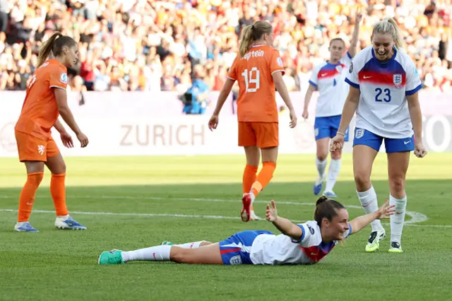 Ella Toone of England celebrates scoring her team's fourth goal with team mate Alessia Russo