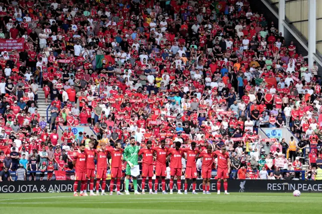 Liverpool players and fans stand for a minutes silence in memory of Liverpool player Diogo Jota ahead of the pre-season friendly match at Deepdale Stadium, Preston. Liverpool remain in mourning following the death of Portugal forward Jota, 28, and his brother Andre Silva, 25, in a car crash in Zamora, Spain, on July 3.