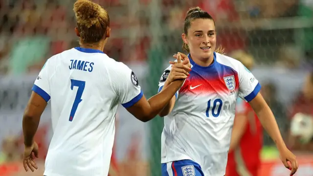 Ella Toone of England celebrates with teammate Lauren James after scoring her team's second goal