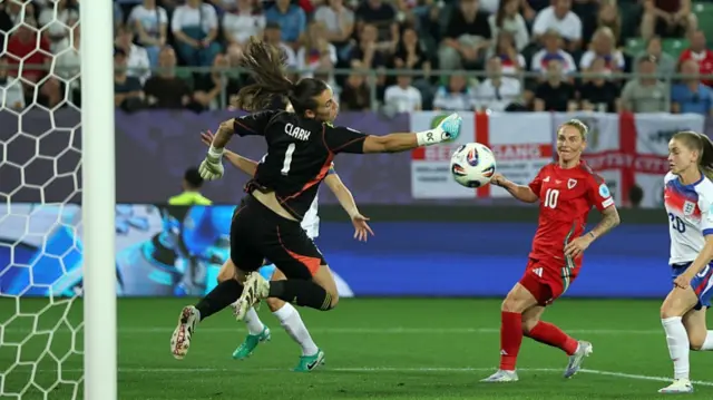 Olivia Clark of Wales saves the shot of Jessica Park of England as Jess Fishlock of Wales looks on