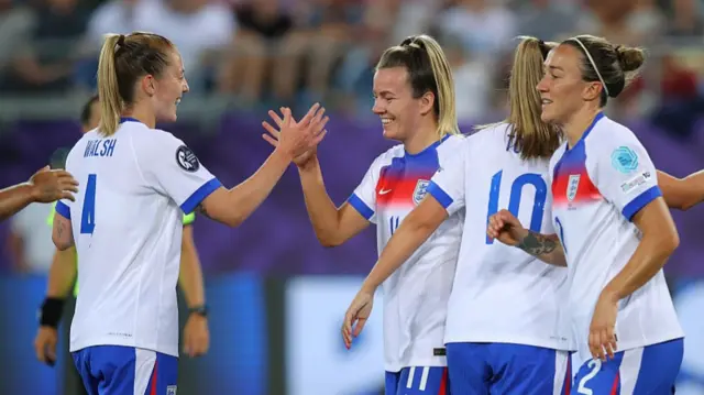 Lauren Hemp of England celebrates with Keira Walsh after scoring their third goal