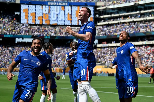Cole Palmer celebrates after scoring the second goal for Chelsea