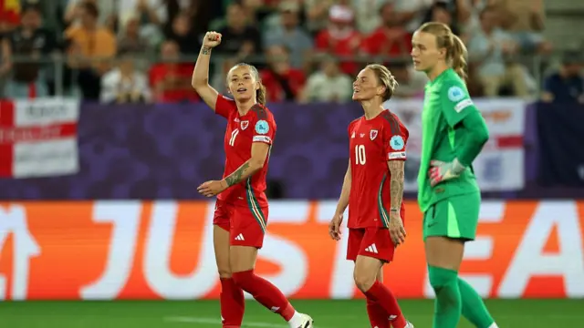 Hannah Cain of Wales celebrates scoring her team's first goal
