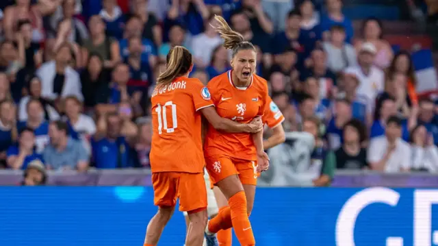 Victoria Pelova of the Netherlands (R) and Danielle Van De Donk of the Netherlands (L) celebrate after the team's first goal