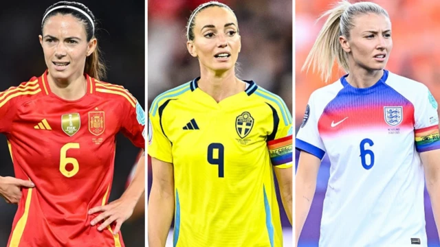 Aitana Bonmatí, Kosovare Asllani and Leah Williamson look on - collated image