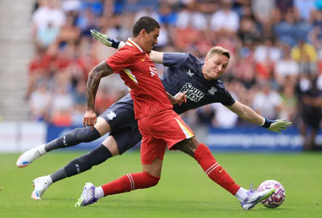 Darwin Nunez scores for Liverpool in a friendly against Preston