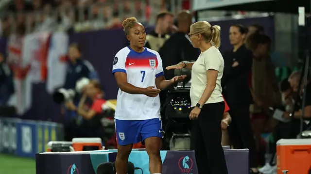 Lauren James of England interacts with Sarina Wiegman, Head Coach of England,