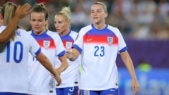 lessia Russo of England celebrates with team mates after scoring their fourth goal during the UEFA Women's EURO 2025 Group D match between England and Wales at Arena St. Gallen