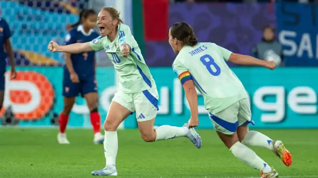ess Fishlock of Wales (L) and Angharad James-Turner of Wales (R) celebrate after scoring the team's first goal during the UEFA Womens EURO 2025 Group D match between France and Wales at Arena St. Gallen