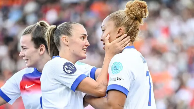 Georgia Stanway of England and Lauren James of England celebrates after scoring her team's first goal