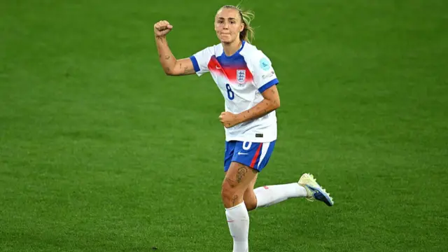 Georgia Stanway of England celebrates scoring her team's first goal from the penalty-spot