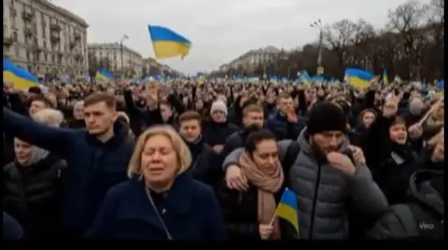 Screengrab from a fake video showing a protest in Ukraine that has been made using Beo, Google's AI video generator