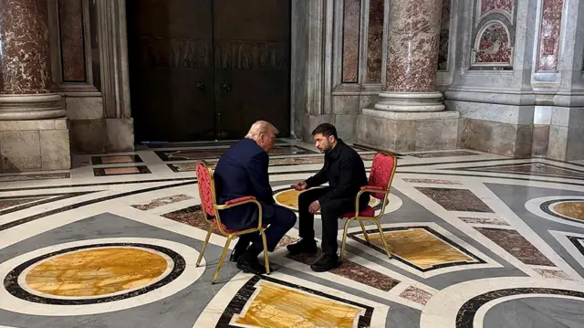 Ukraine's President Volodymyr Zelenskiy and U.S. President Donald Trump meet, while they attend the funeral of Pope Francis, at the Vatican April 26, 2025.