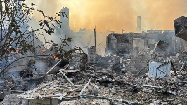 Rubble in Sumy after Russian strikes
