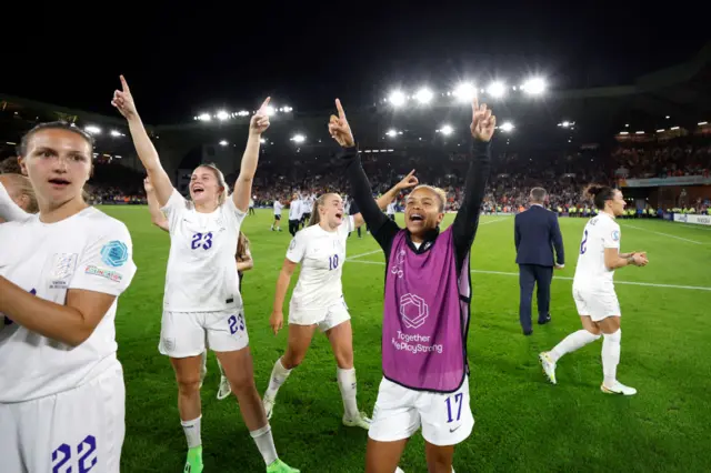 : Alessia Russo, Georgia Stanway and Nikita Parris of England celebrate their side's win