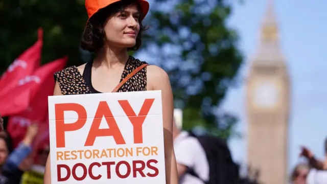 File photo dated 27/06/24 of a junior doctor on the picket line outside St Thomas' Hospital, London