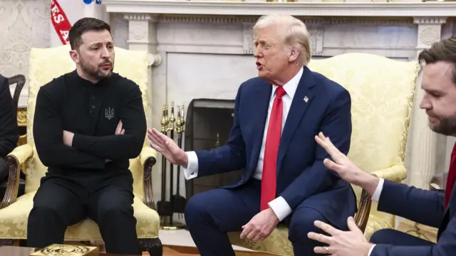 Ukrainian President Volodymyr Zelensky (L) talks with US President Donald Trump (C) and US Vice President JD Vance (R) in the Oval Office of the White House in Washington, DC, USA, 28 February 2025