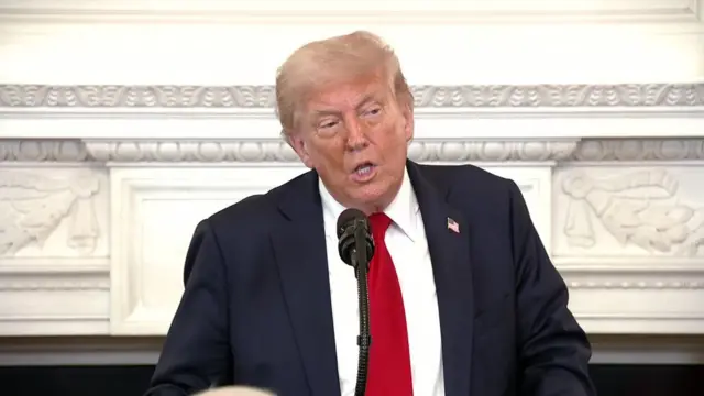 Trump speaking at a podium in front of an ornate wall
