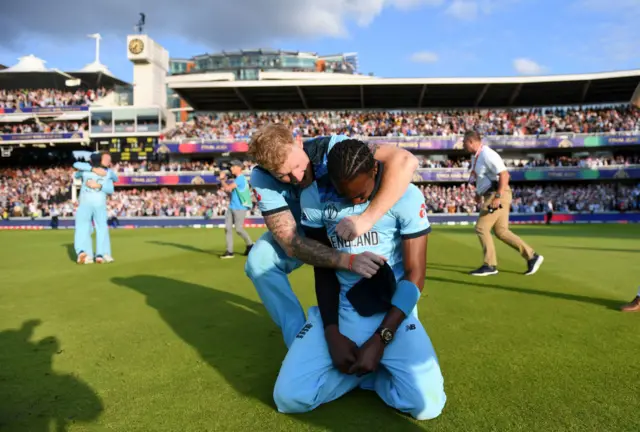 Ben Stokes and Jofra Archer celebrate winning the World Cup in 2019