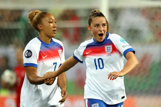Ella Toone of England celebrates with teammate Lauren James