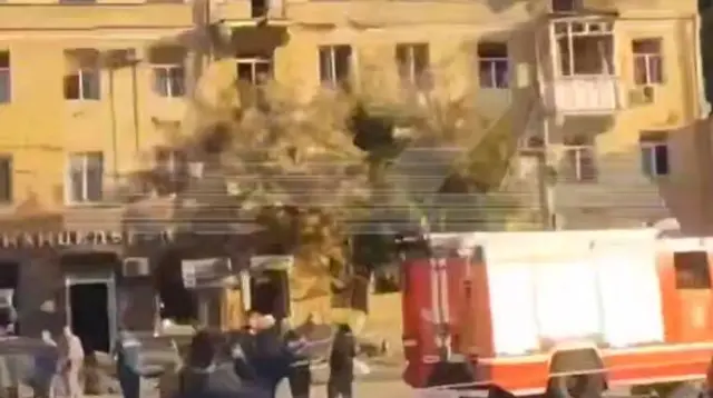 Screengrab from a video posted on Telegram showing a damaged building in Voronezh