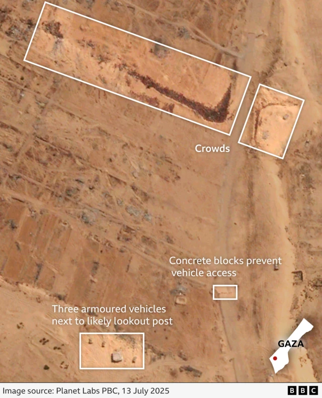 An annotated satellite image of the area of southern Gaza near SDS2 taken on 13 July showing where crowds gather waiting for aid