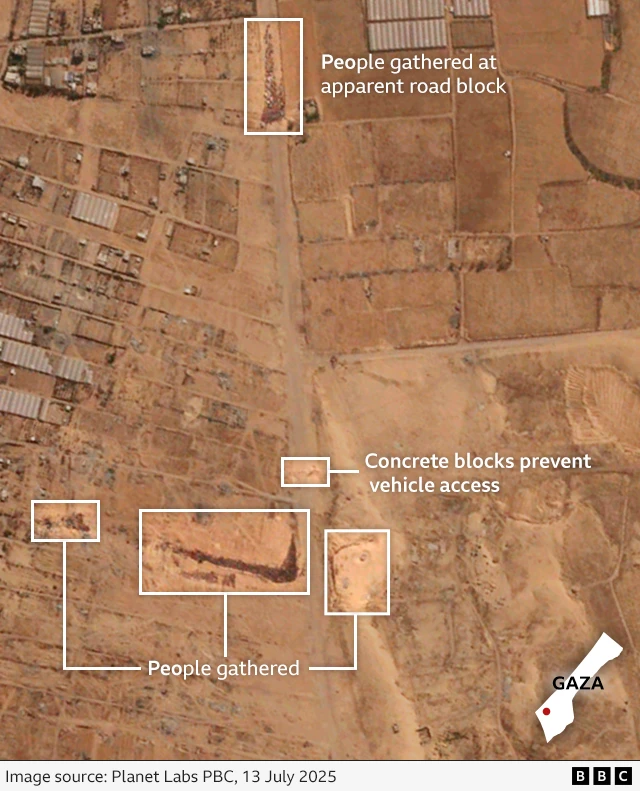 An annotated satellite image of the area of southern Gaza near SDS2 taken on 13 July showing where crowds gather waiting for aid