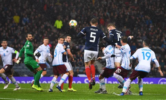 Findlay powers in a header against San Marino in 2019