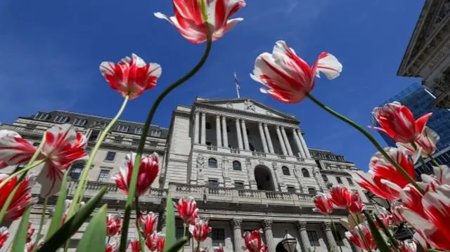 Tulips blooming in a flowerbed near the Bank of England (BOE) in the City of London