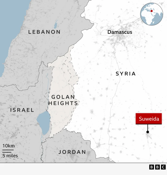 Map highlighting the city of Suweida, in the Southeast of Syria, as well as the capital, Damascus, the Golan Heights and the countries of Lebanon, Israel and Jordan
