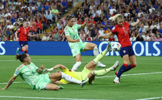 Italy's Cecilia Salvai and Italy's Laura Giuliani in action with Norway's Ada Hegerberg