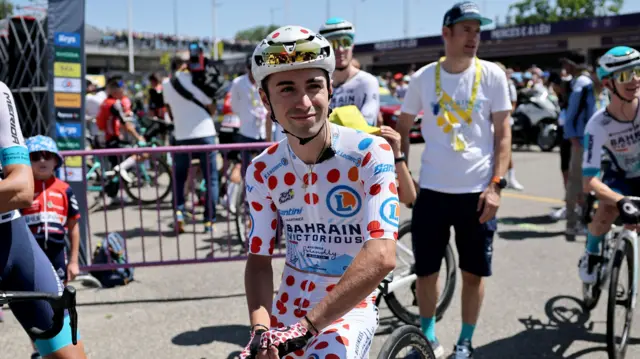 Lenny Martinez in the polka dot jersey before stage 11 of the 2025 Tour de France