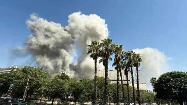 A view looking up at palm trees and normal trees. Towering above them are clouds of white smoke covering a concrete building