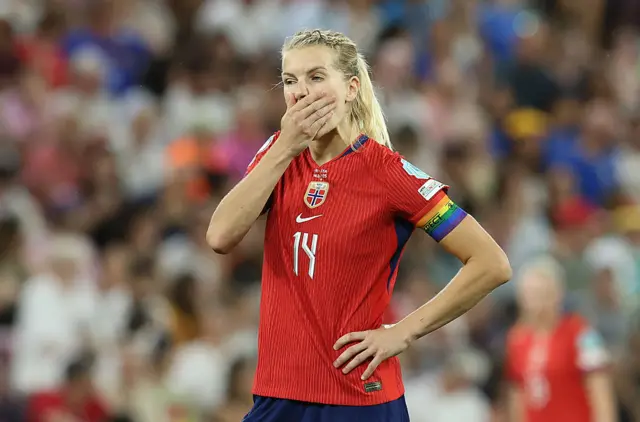 Ada Hegerberg of Norway reacts after missing a penalty kick during the UEFA Women's EURO 2025 Quarter-Final match between Norway and Italy at Stade de Geneve on July 16, 2025 in Geneva, Switzerland.