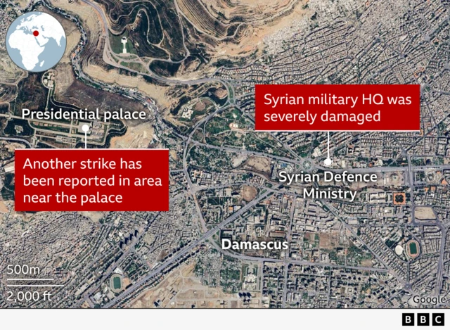 A satellite image of Damascus with a plot showing the presidential palace to the west which was struck by an israeli missile and the defence ministry to the east which was also struck